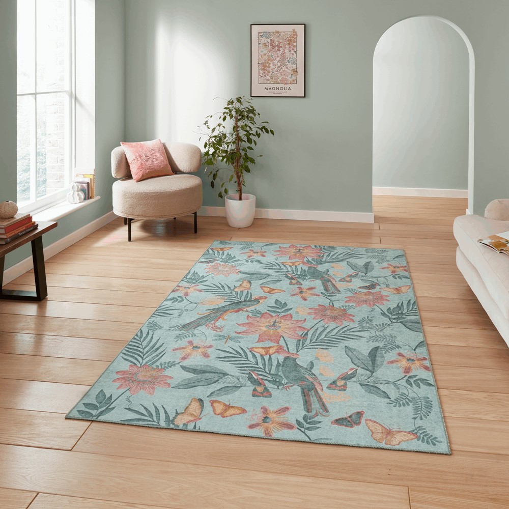 Amaya Tropical Birds Botanical Washable Rugs by Catherine Lansfield in Green